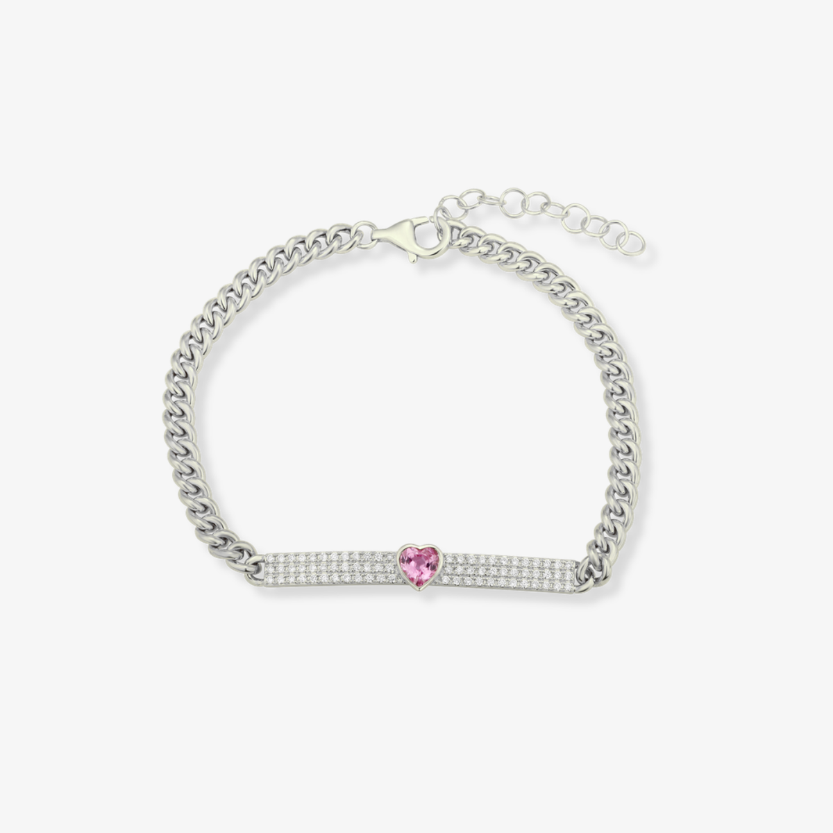 Heart Diamond Bar Cuban Bracelet 14k White Gold Pink Sapphire