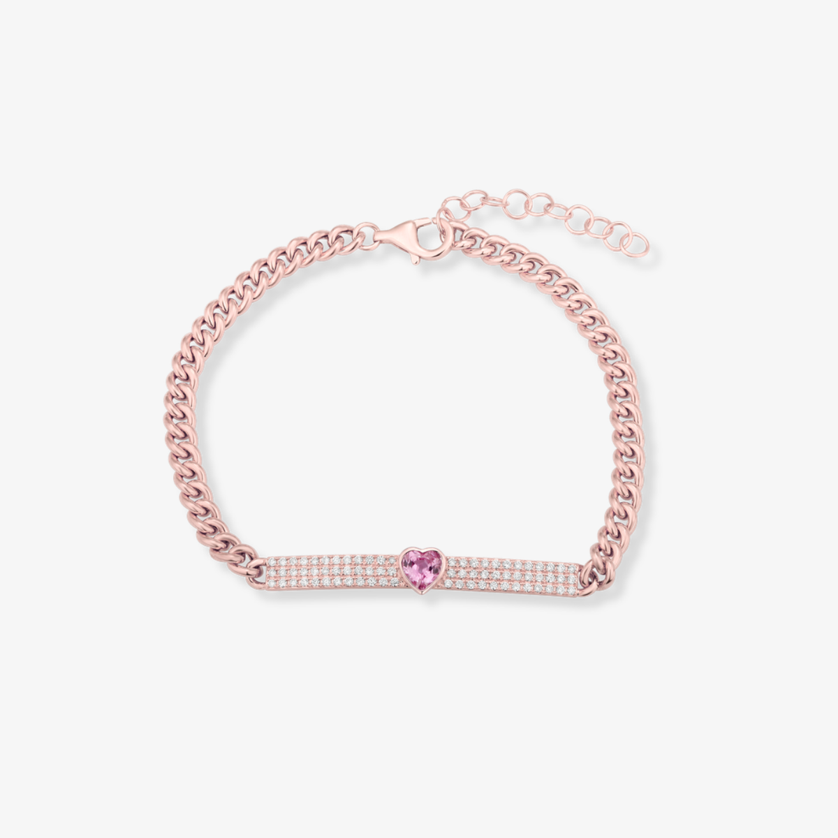 Heart Diamond Bar Cuban Bracelet 14k Rose Gold Pink Sapphire