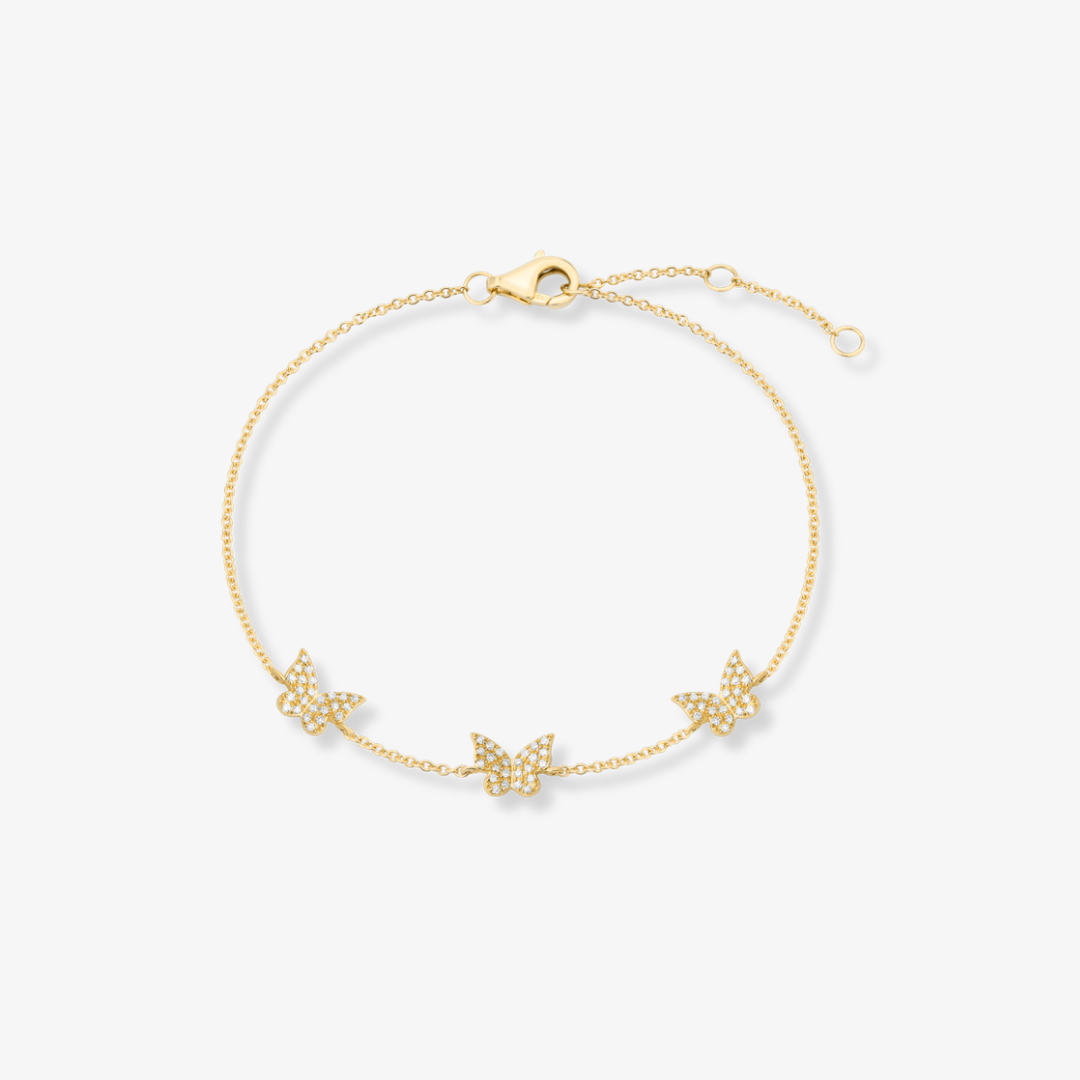 Three Pave Butterfly Bracelet 14k Yellow Gold