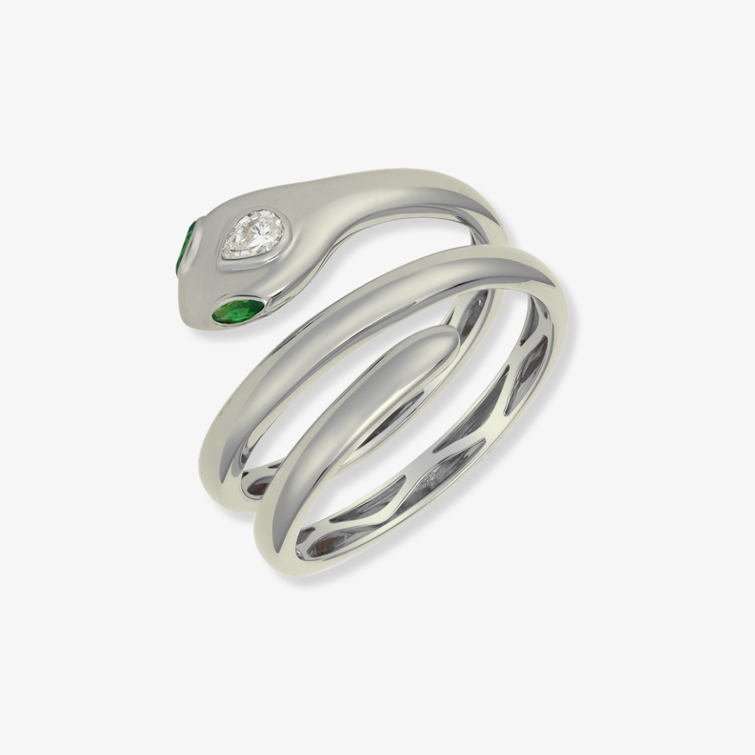 Snake Wrap Ring Emerald 14k White Gold