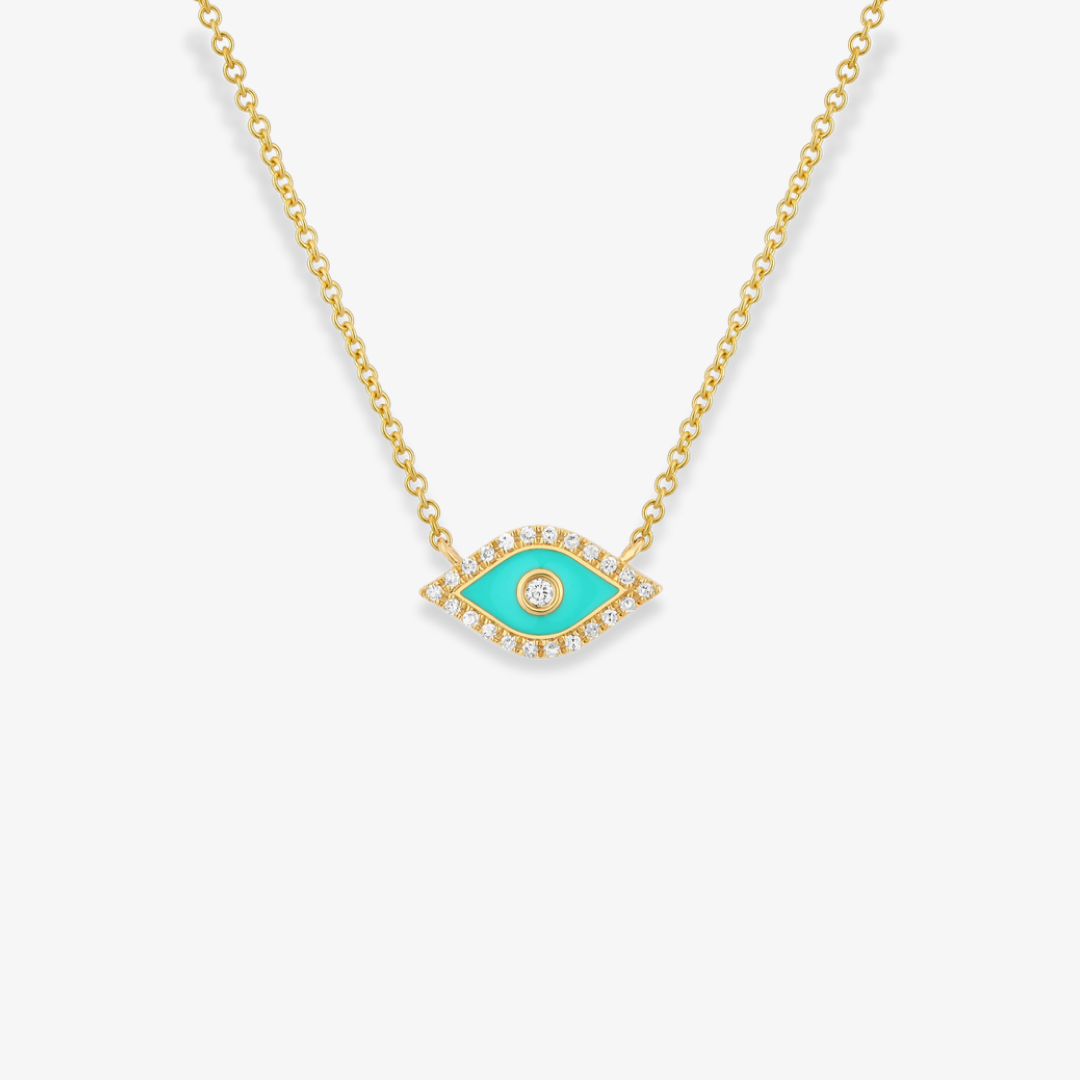 Evil Eye Necklace Diamond and Turquoise Enamel Yellow Gold