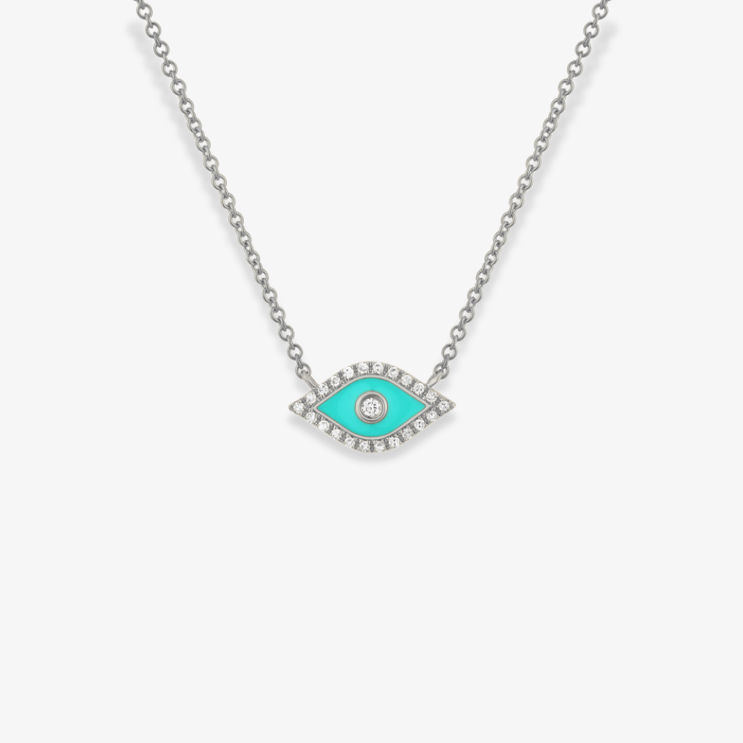 Evil Eye Necklace Diamond and Turquoise Enamel White Gold