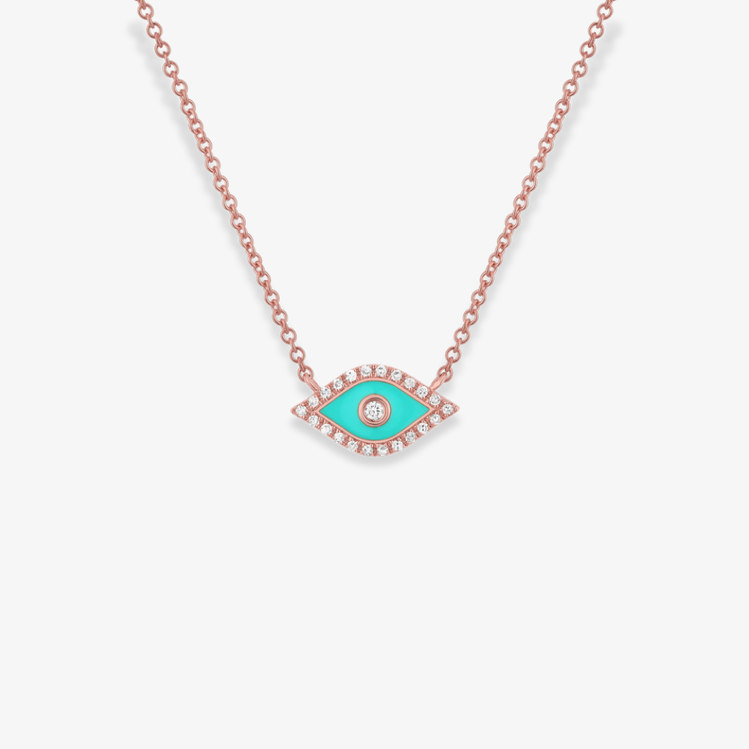 Evil Eye Necklace Diamond and Turquoise Enamel Rose Gold