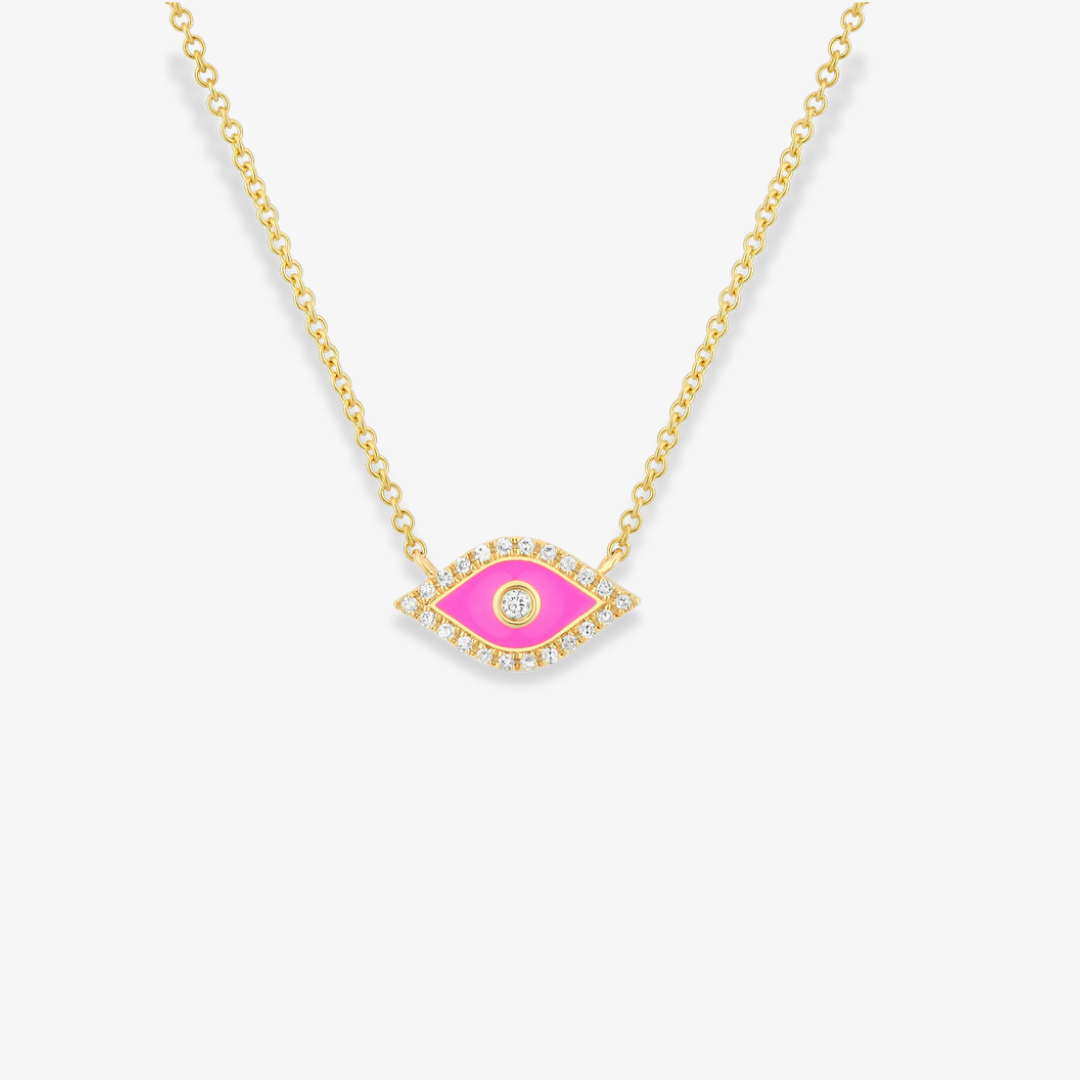 Evil Eye Necklace Diamond and Fuchsia Enamel Yellow Gold