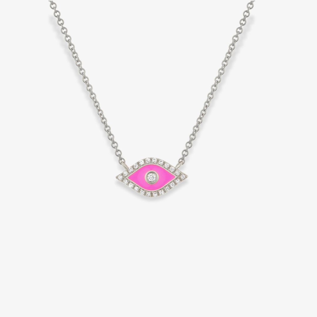 Evil Eye Necklace Diamond and Fuchsia Enamel White Gold