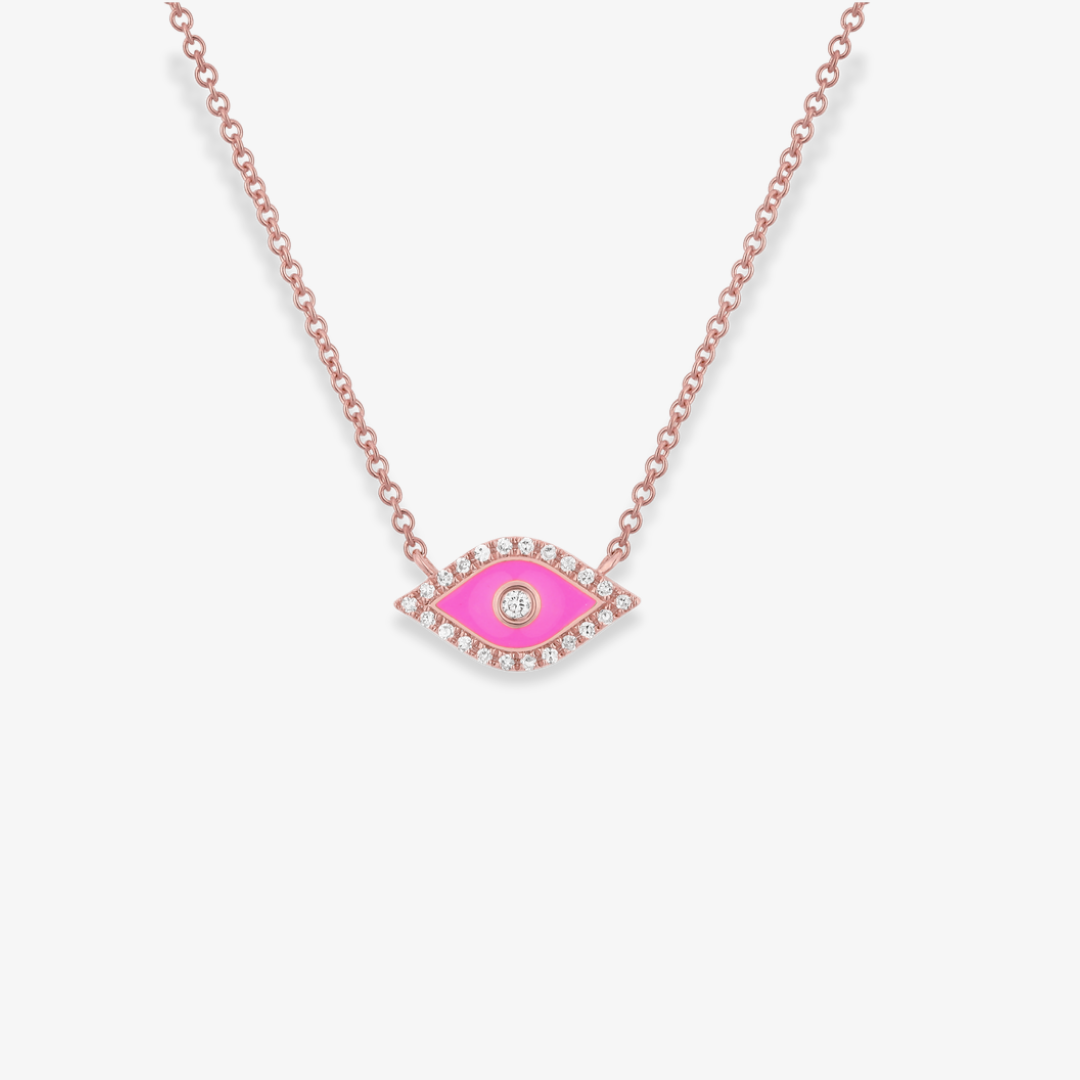 Evil Eye Necklace Diamond and Fuchsia Enamel Rose Gold