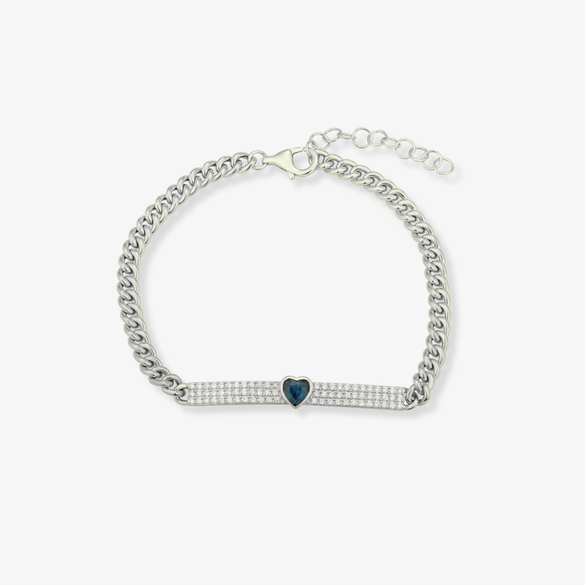 Pulsera cubana con barra de diamantes y corazón