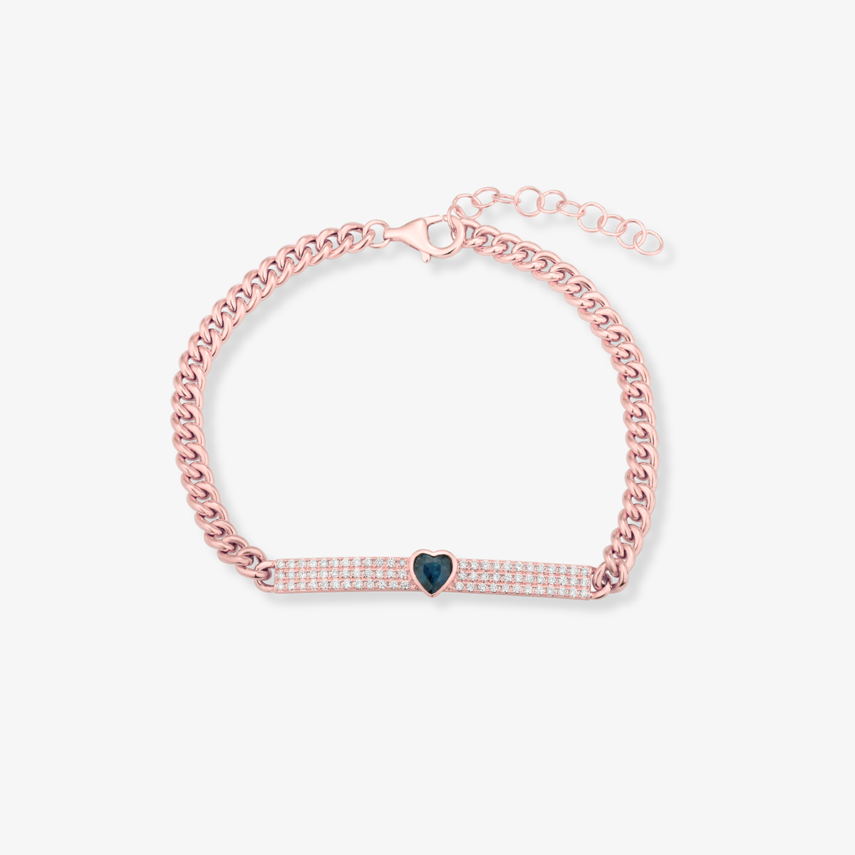 Pulsera cubana con barra de diamantes y corazón