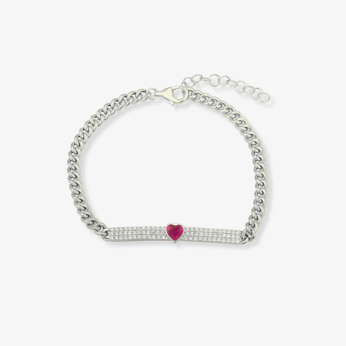 Pulsera cubana con barra de diamantes y corazón