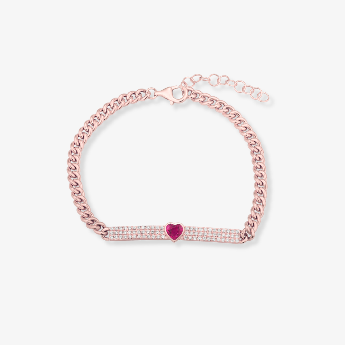 Pulsera cubana con barra de diamantes y corazón