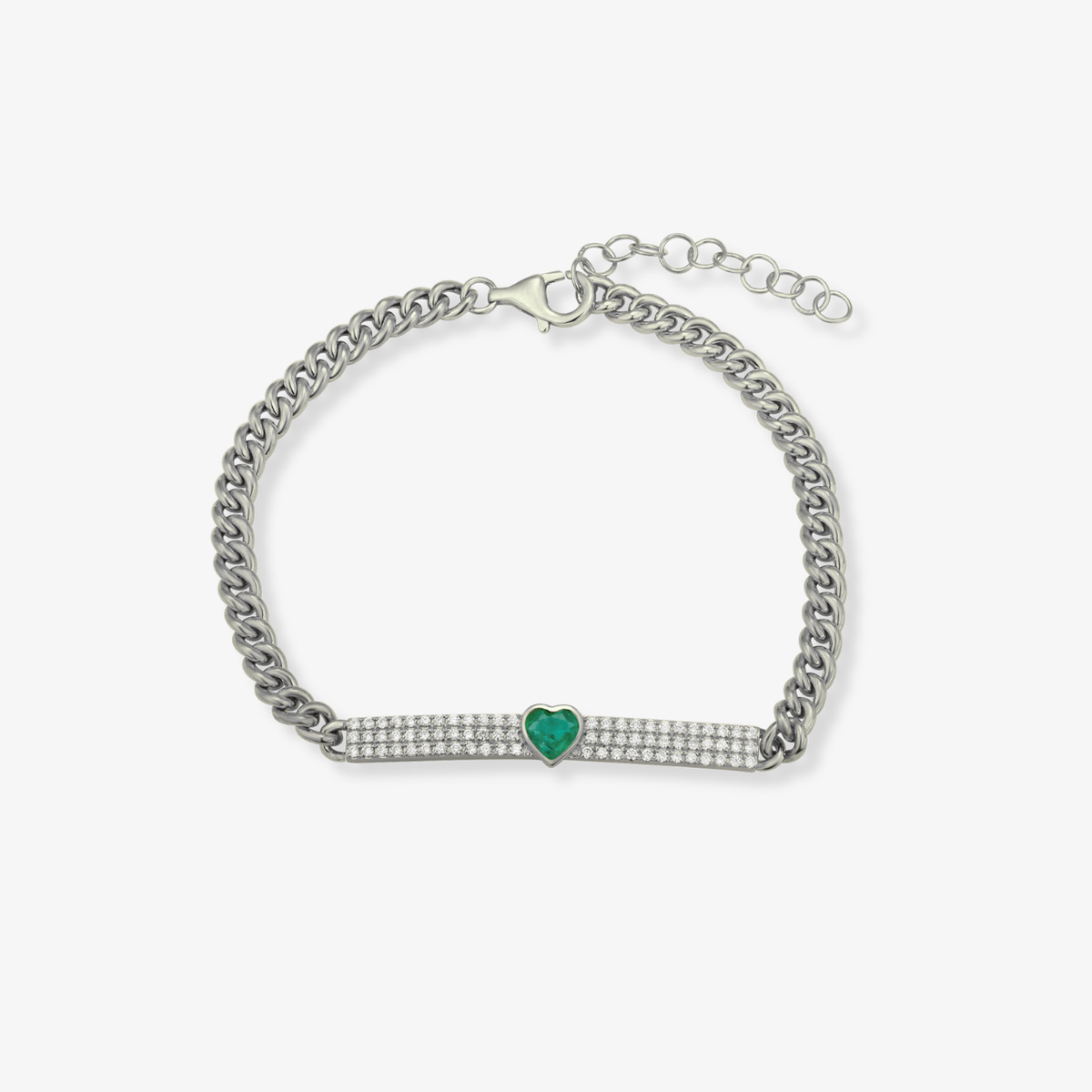 Pulsera cubana con barra de diamantes y corazón