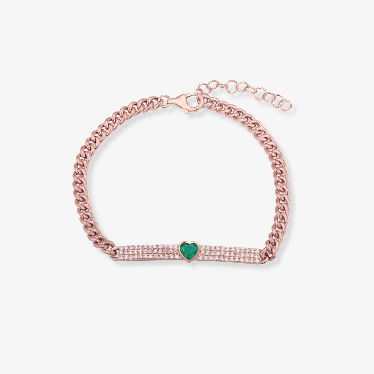 Pulsera cubana con barra de diamantes y corazón