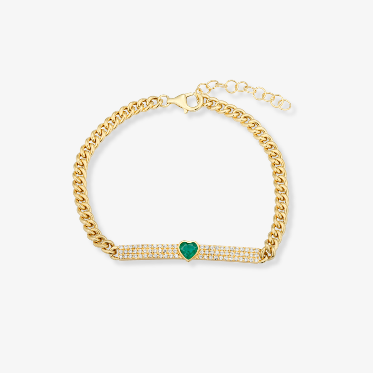 Pulsera cubana con barra de diamantes y corazón
