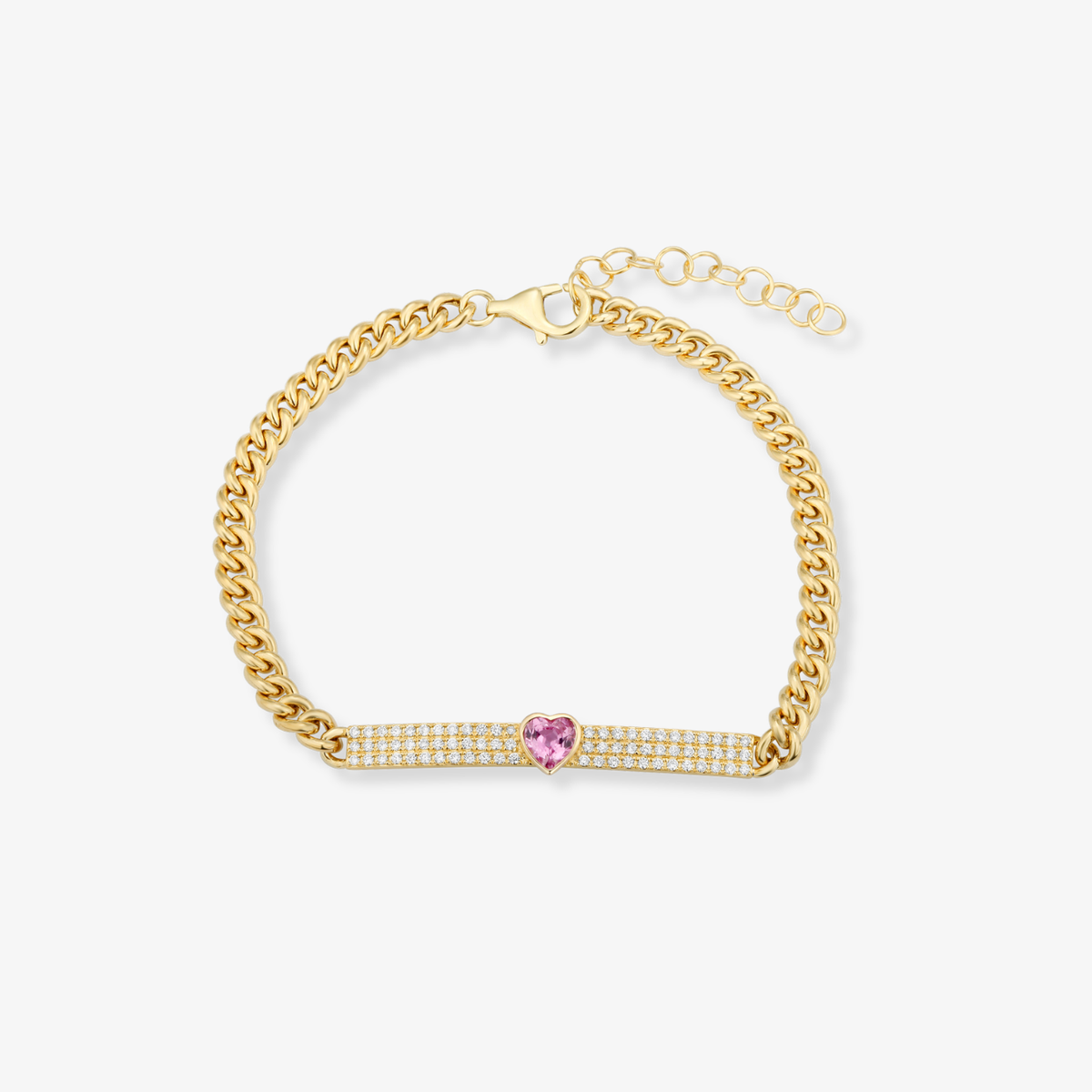 Pulsera cubana con barra de diamantes y corazón