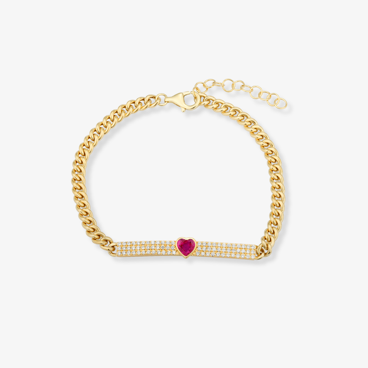 Pulsera cubana con barra de diamantes y corazón