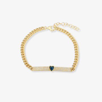 Pulsera cubana con barra de diamantes y corazón