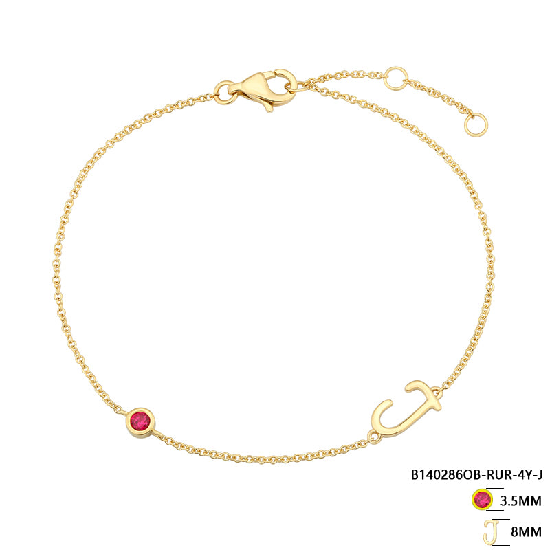 Gemstone Bezel Initial Bracelet - Ruby